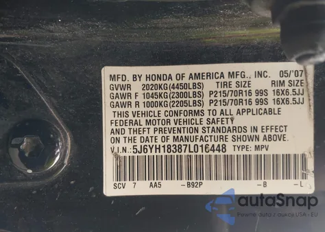 2007 Honda Element Lx from USA, damaged, VIN 5J6YH18387L016448